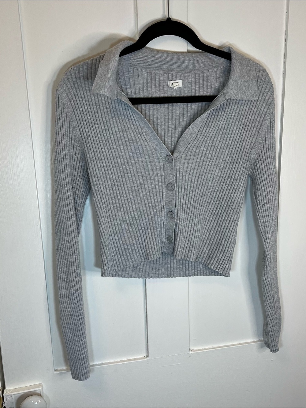 aerie Gray Ribbed Collared Button-Up Cropped Cardigan